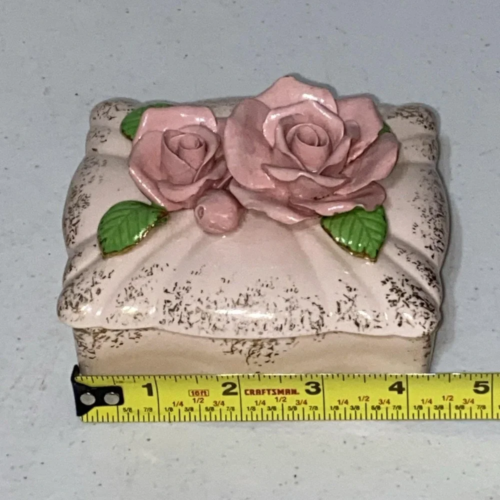 Vintage Made In Occupied Japan Rose Trinket Dish Pink Floral Jewelry Box Rare